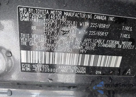 2020 Toyota Rav4 Le из США, поврежденный, VIN 2T3H1RFV2LC073153